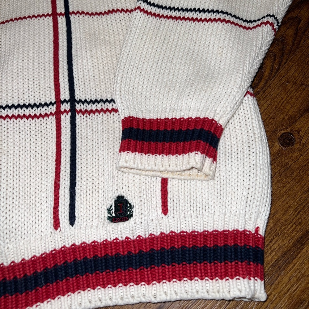 Izod 90s Preppy Vintage White Stripe Crewneck Classic Long Sleeve Sweater Size L - Picture 3 of 14